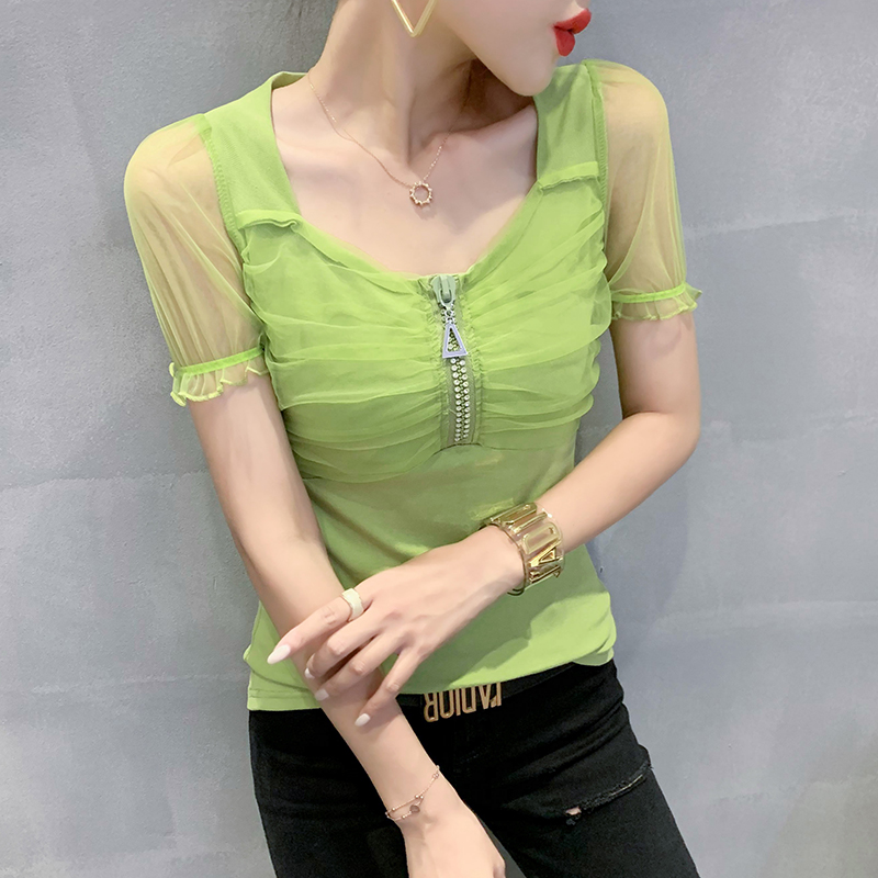 Women Clothing New 2021 Summer Short Sleeve Mesh Tops Shirt Elegant Slim Solid Color T-shirt Blusas alx