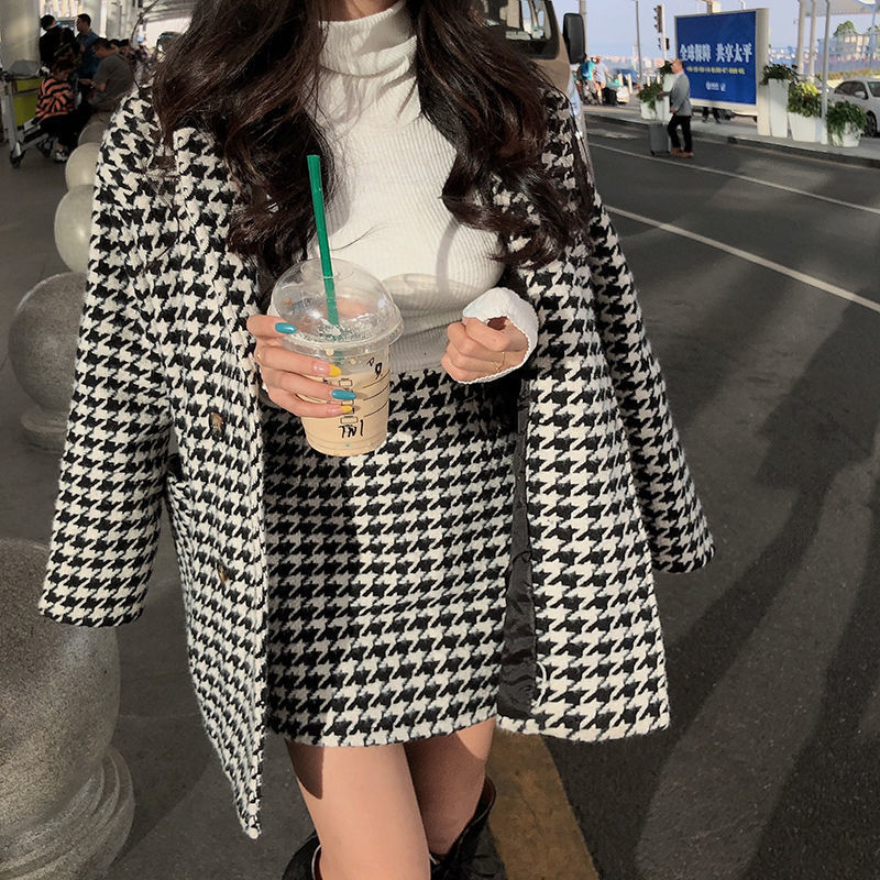 YOCALOR New Two 2 Piece Set Retro Houndstooth Channel Style Mid-length Coat High Waist Skirt Two-piece suits Women Basic Jackets alx