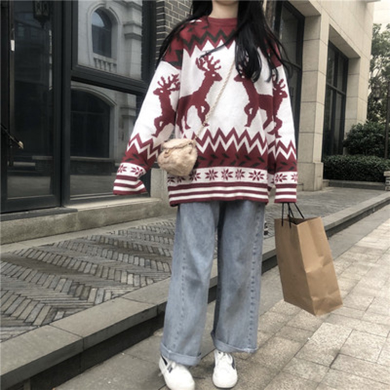 Winter College Knit Oversized Christmas Sweater New Fashion kawaii Loose Casual Loose O-Neck Pullover Women clothing y2k Vintage alx