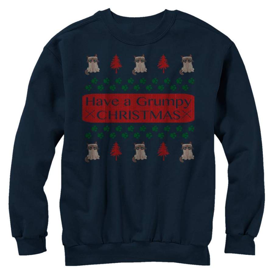 Grumpy Cat Men’s Ugly Christmas Print  Sweatshirt Navy Blue