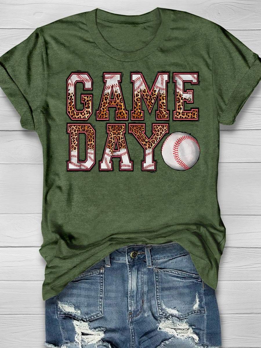 Baseball Leopard Game Day Print Short Sleeve T-Shirt