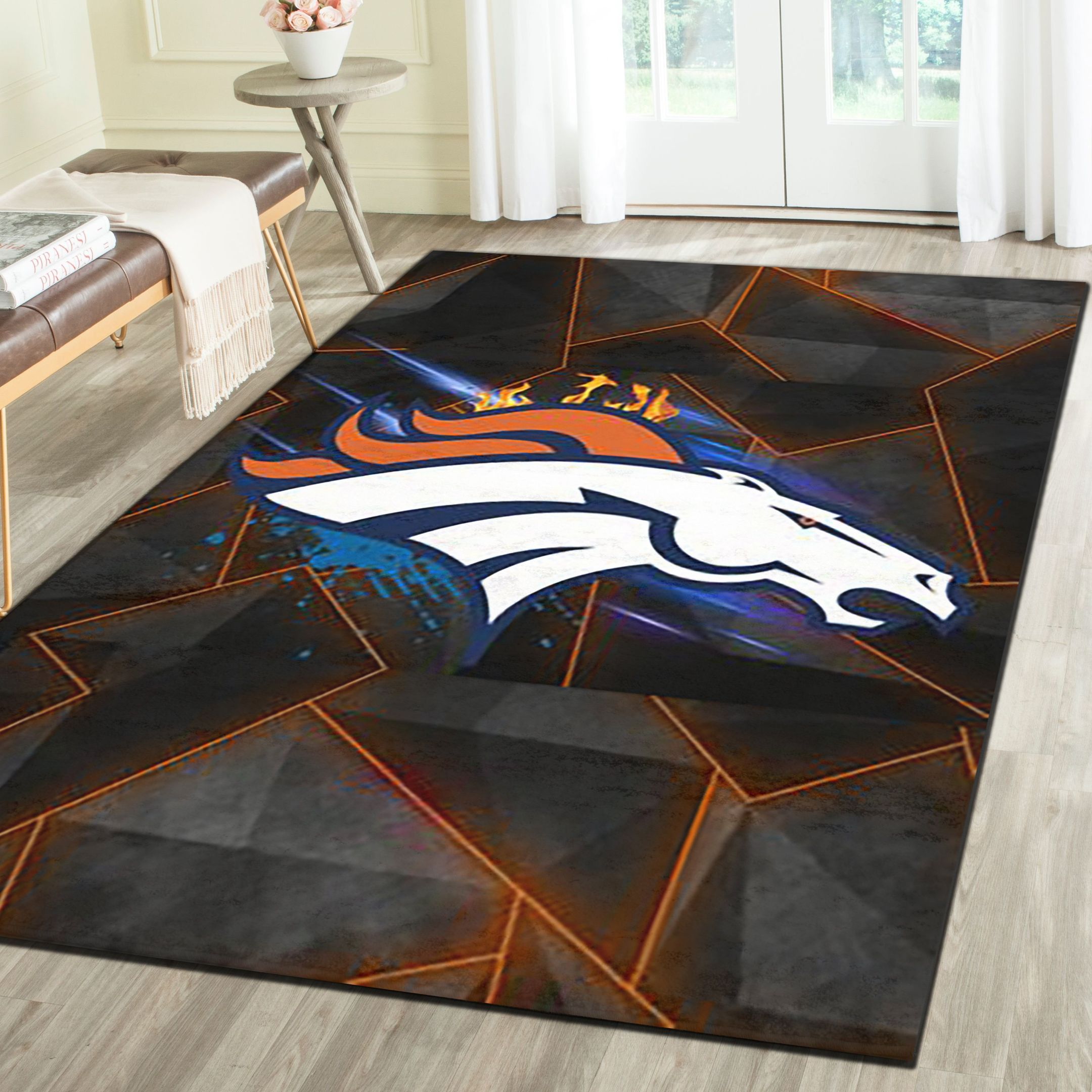 Denver Broncos Logo Area Rug, Football Team Living Room Carpet, Sports Floor Mat Home Decor