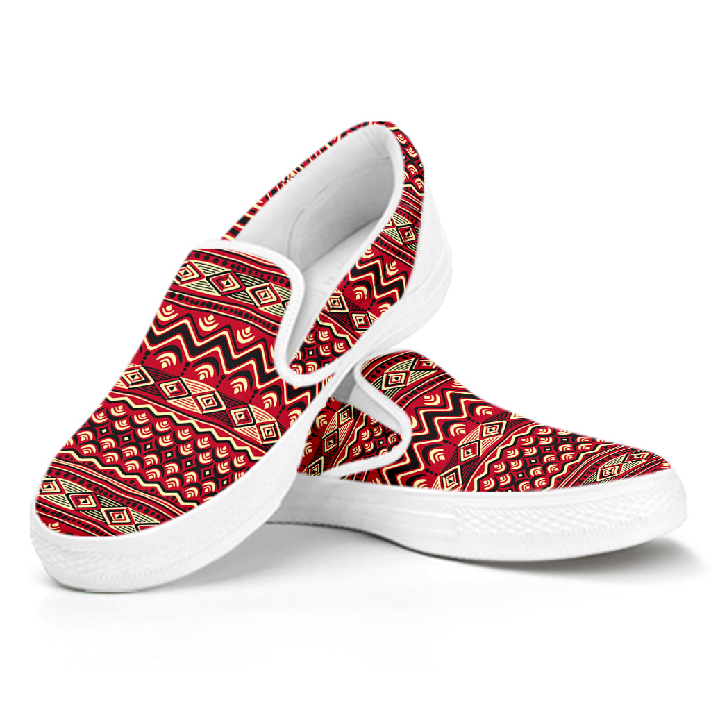 Red African Tribal Pattern Print White Slip On Shoes