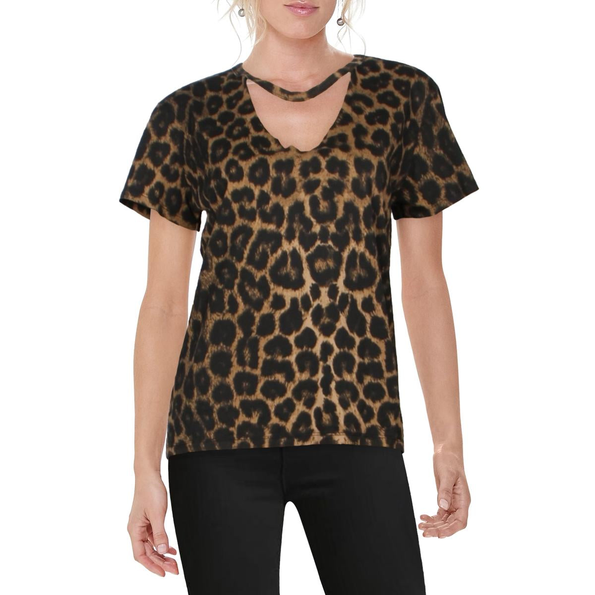 Womens Leopard Print Short Sleeve Choker T-Shirt