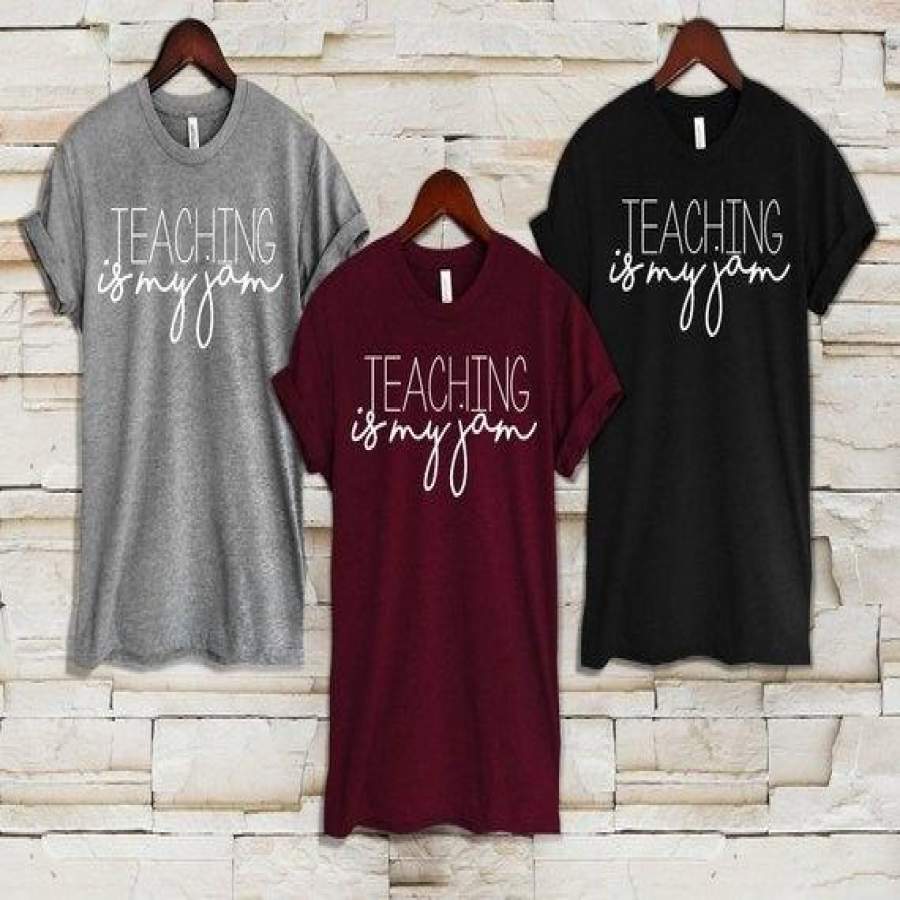 Teaching Is My Jam Shirt Kindergarten Teacher Shirt Pre-School Teacher Shirt  Letters Printed Women O-Neck Casual Cotton Funny T-Shirt Maroon