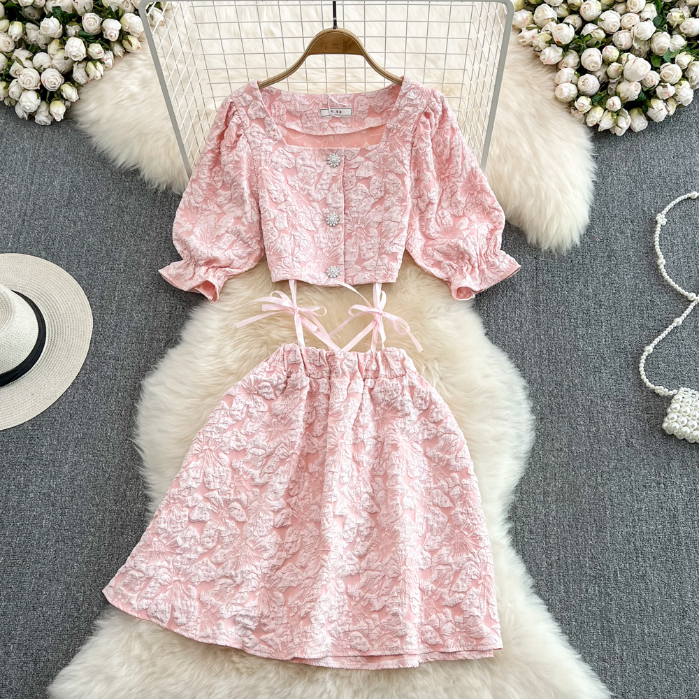 Summer New Fashion Sweet Square Collar Puff Sleeve Buttoned Crop Top With Lace-up Bow A-line Skirt Jacquard Two-piece Sets alx