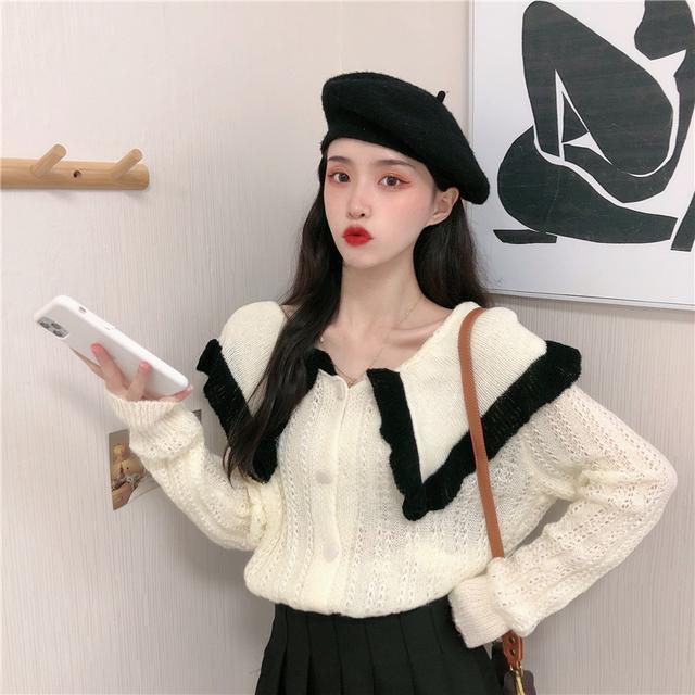 Cardigan Women Sweet Turn-down Collar Fashion French Style Loose-fit Gentle Hollow Out Panelled Knit Long Sleeve Sweaters Femme alx