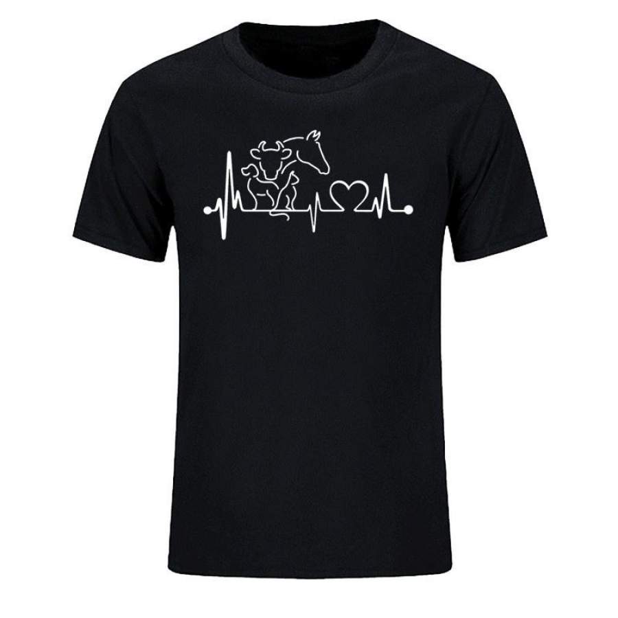 Summer Fashion Dog Cat Horse Cattle Heartbeat Animal T-shirt Men’s Cotton O-neck Short-sleeved Hip-hop Shirt