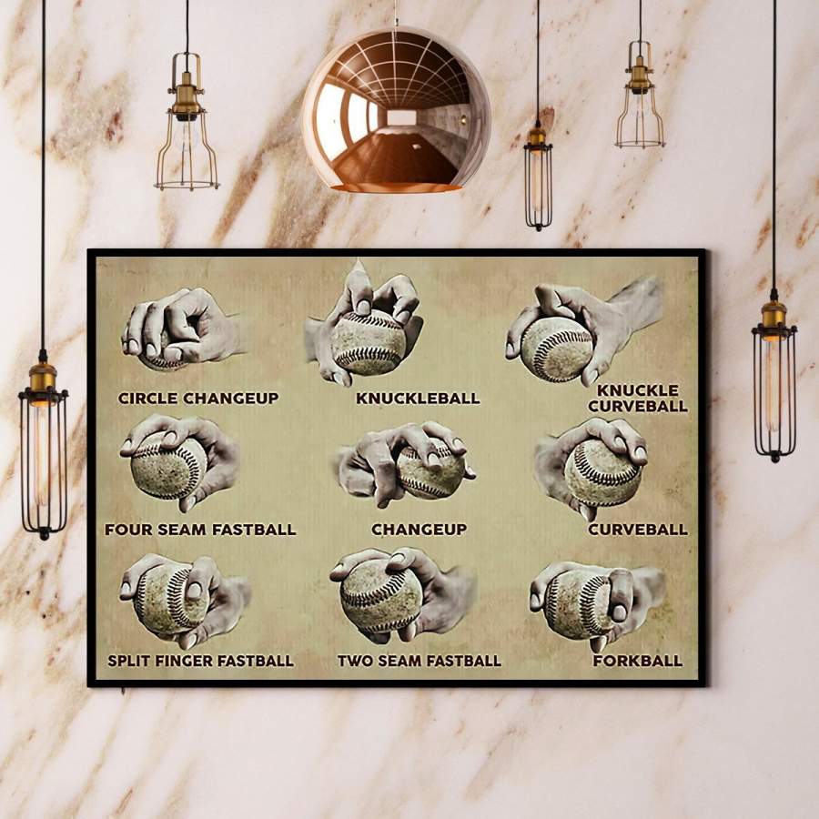 Baseball pitching grips knowledge artwork for new player paper poster no frame/ wrapped canvas wall decor full size