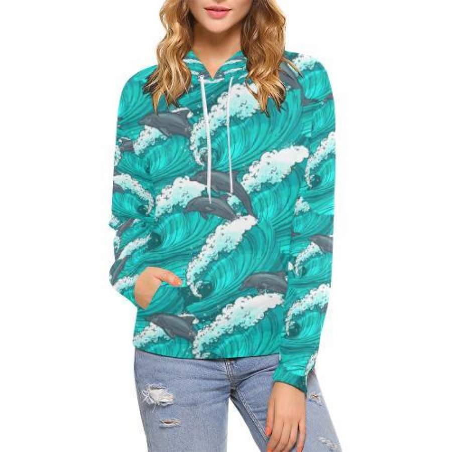 Dolphin Wave Pattern Print Women Pullover Hoodie