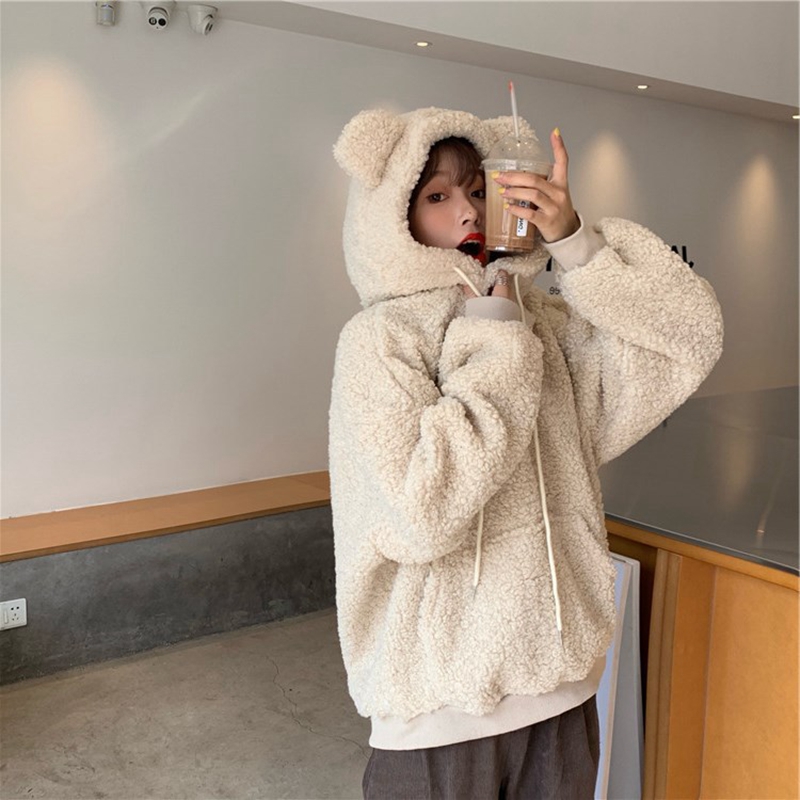 Cute Bear Ear Hoodie Winter Women’s Plush Long Sleeve Pullover Sweatshirt KPOP Harajuku Casual Hoodie alx