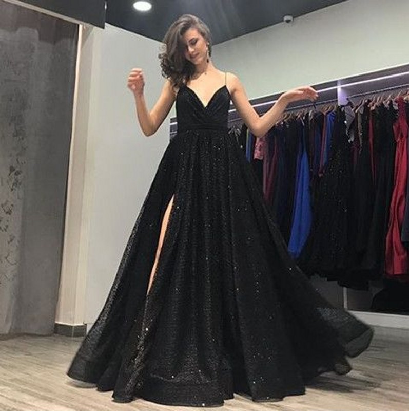 Black Prom Dresses 2021 Ball Gown Backless Sequined Slit V-Neck Spaghetti Straps Long Prom Gown Real Image Evening Dresses alx