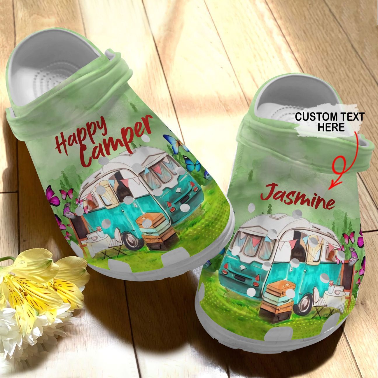 Camping Personalized Clog, Custom Name, Text Camping And Butterfly, Fashion Style For Women, Men, Kid, Print 3D