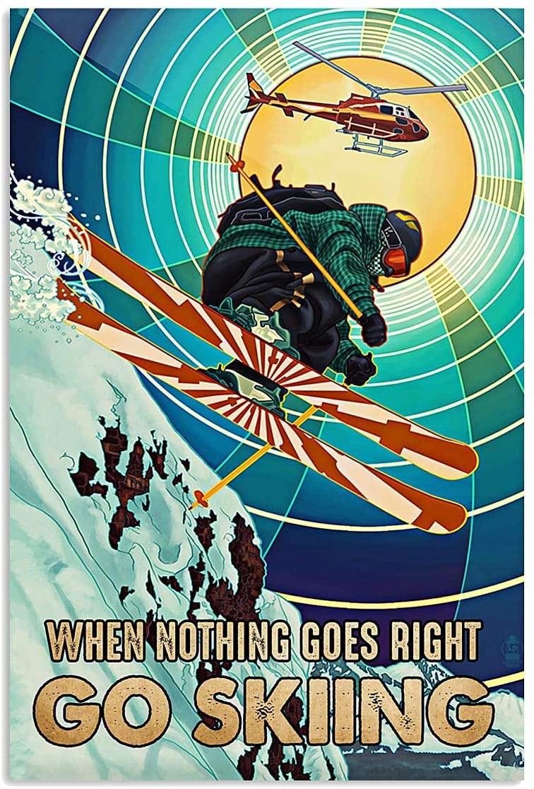 Vintage Man Skiing And Plane – Nothing Goes Right Go Skiing Poster Art Print      Home Decor Gift For Men Women Family Friend On Birthday Xmas