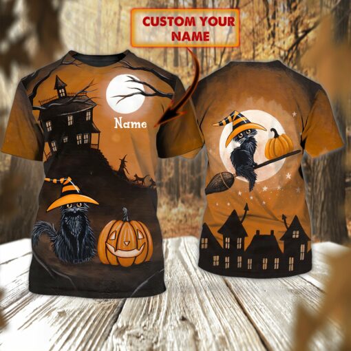 Custom Halloween Black Cat Personalized Name 3D All Over Printed T-Shirt For Men And Women, Happy Halloween Day