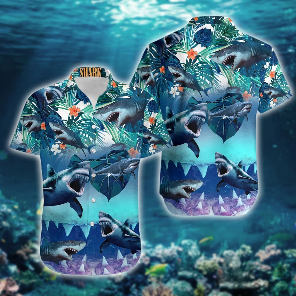 Shark Tropical Print Polyester Hawaii Shirt Ha2838