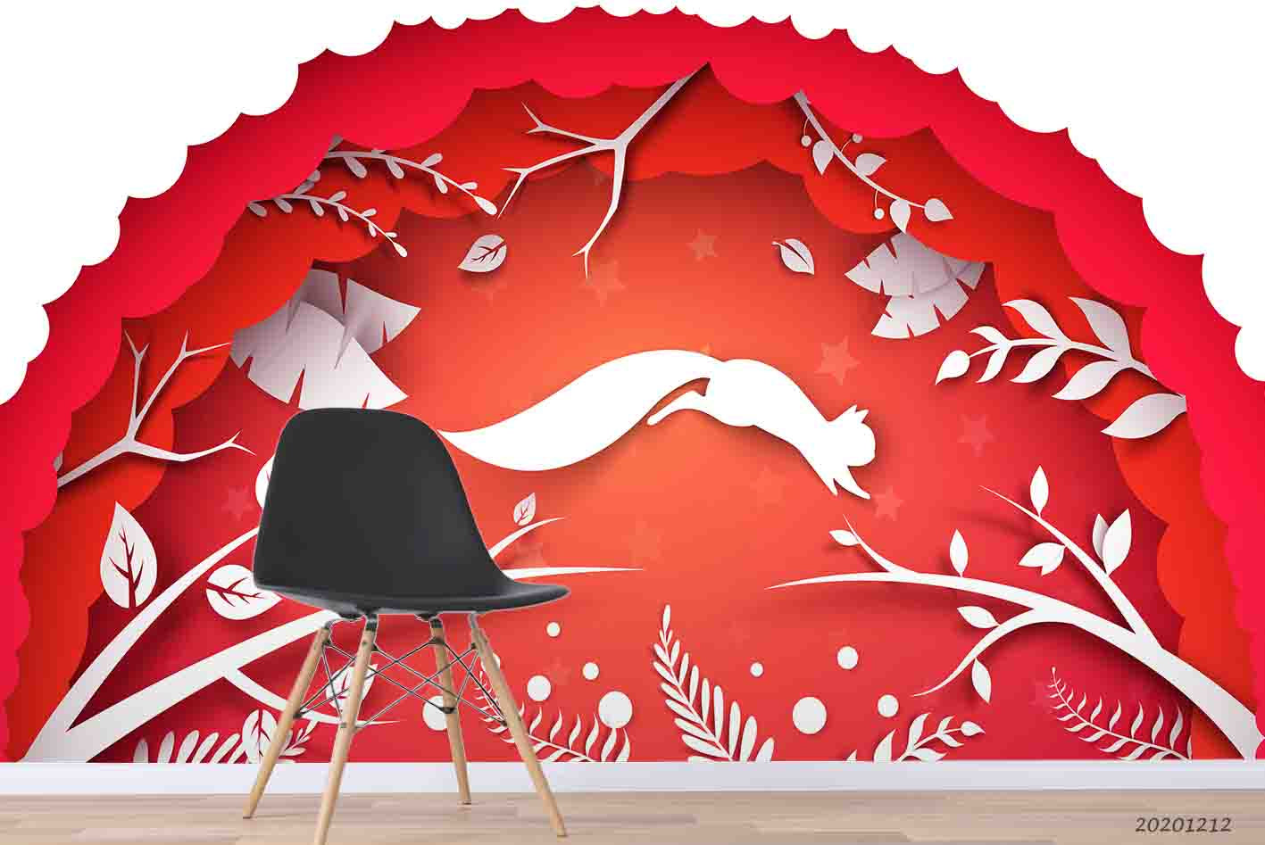 3D Red Paper Cut Tree Leaves Plant Squirrel Animal Wall Mural Wallpaper Lxl