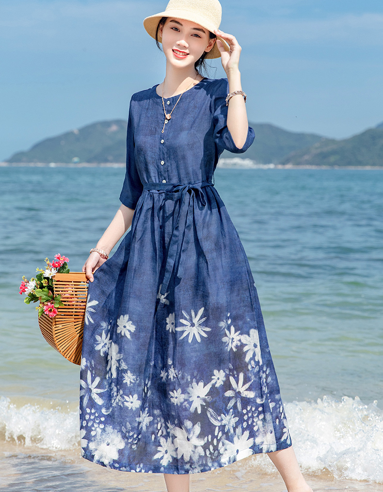 2022 New Fashion Print Floral Beach Chic Travel Casual Dress Cotton Linen Loose Summer Dress Oversize Women Dresses alx