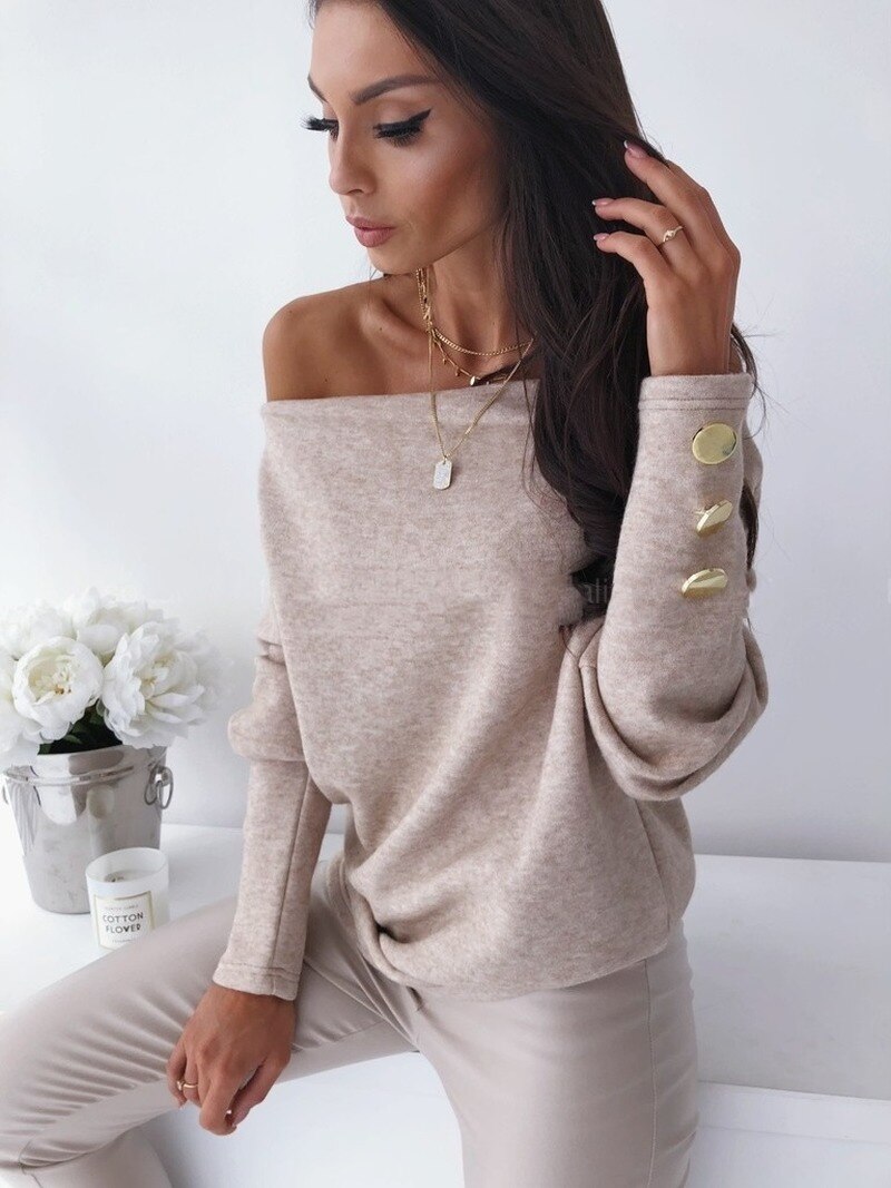 Casual Solid Loose Knitted Pullover Sweater Femme Fashion Women Sexy Slash Neck Sweater Chic Slim Long Sleeve Vintage Tops 12828 alx