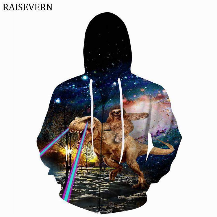 3D Dinosaur Sloth Galaxy Zipped Unisex Hoodie