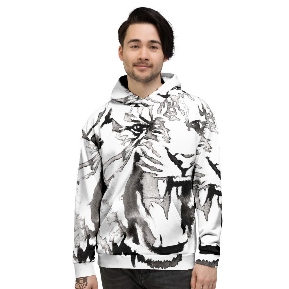 White Tiger Watercolor Monochrome Print Men’S Hoodie