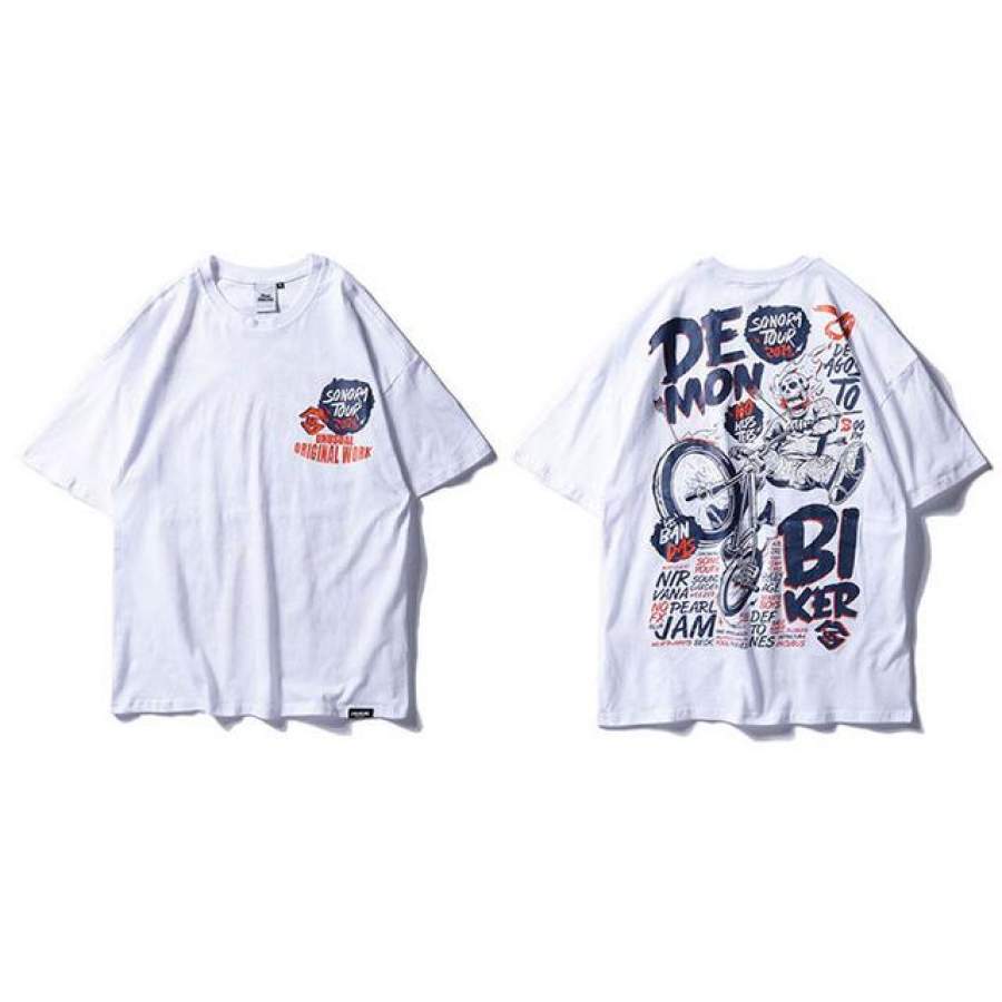 Skull Biker T Shirt Hip Hop Summer Men’s Street wear T shirt Short Sleeve Cotton Black Top Tees Casual Loose Big Print