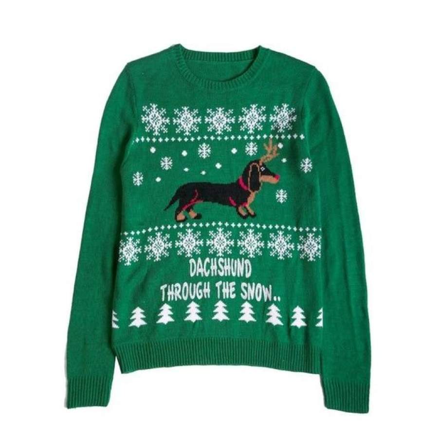 Ugly Sweater Winter Christmas Sweater Cute Dachshund Snow Letter Women Pullovers Long Sleeve Knitting Outwear Tricot C79311