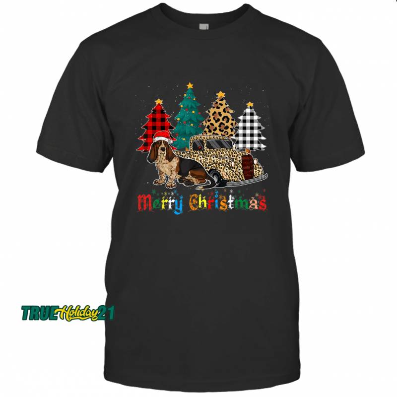 Basset Hound Leopard Plaid Truck Christmas T-shirt