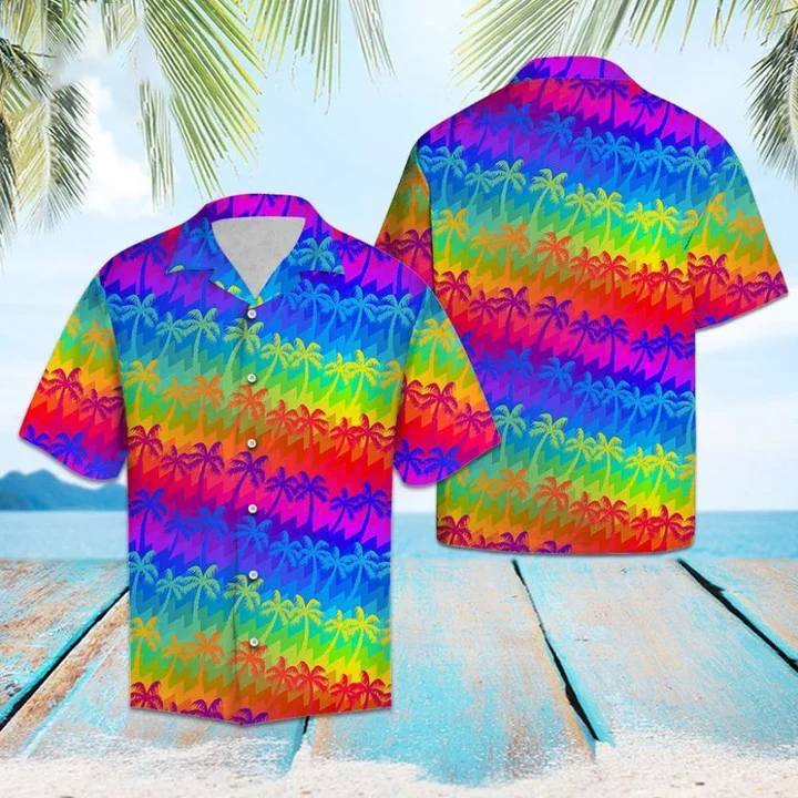 Beach Shirt Lgbt Rainbow Coconut Palm Hawaiian Ha29791