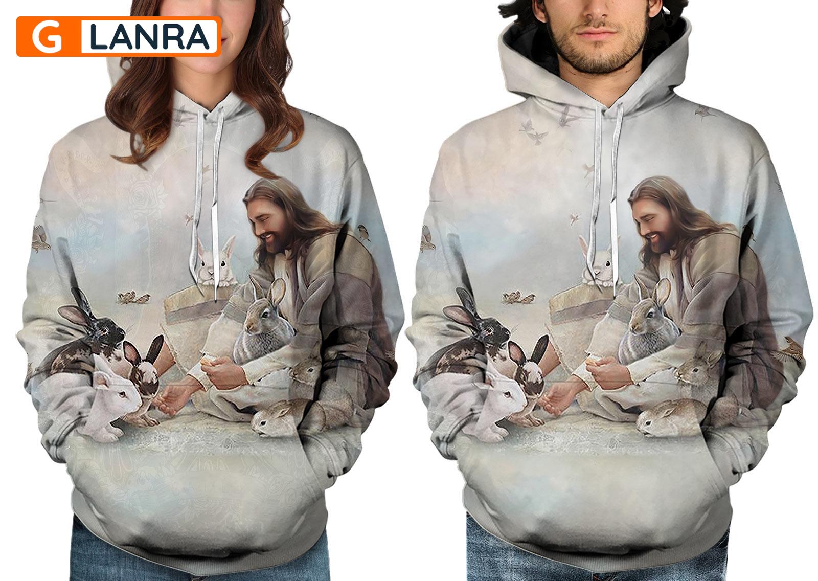 Jesus Surrounded By Rabbits Hoodie, Rabbit Hoodie, Jesus Rabbit Hoodie, Jesus Hoodie, Cute Rabbit Hoodie, Unisex Zip Hoodie, Sweater, Sweatshirt