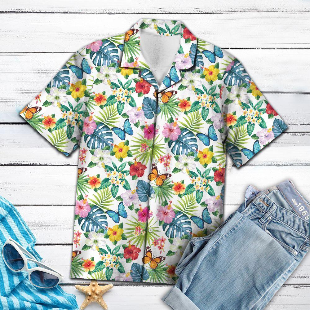 Butterfly Hibiscus Flower Hawaiian Shirt For Men, Hawaiian Shirt For Women, Aloha Shirt, Hawaii Shirt