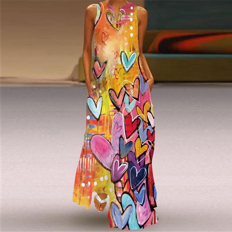 Women’S Long Dress V-Neck Oil Painting Heart Print Maxi Dress