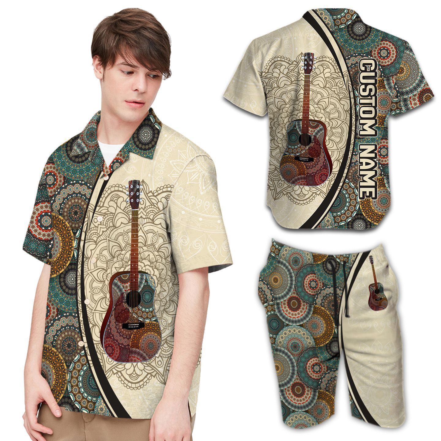 Guitar Mandala Pattern Custom Name Men Hawaii Shirt For Instrument Lovers Ha2189