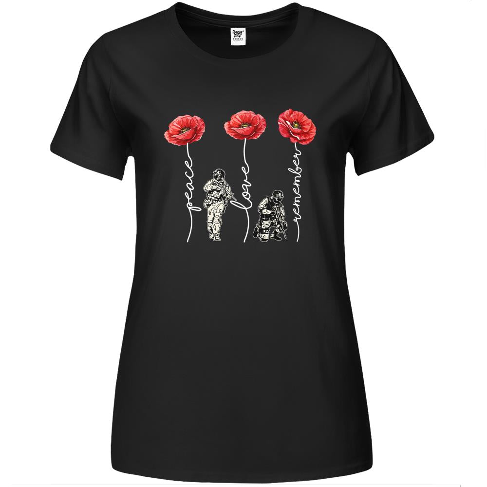 Peace Love Remember Red Poppy Flower Soldier Veteran Day Premium Womens T Shirts