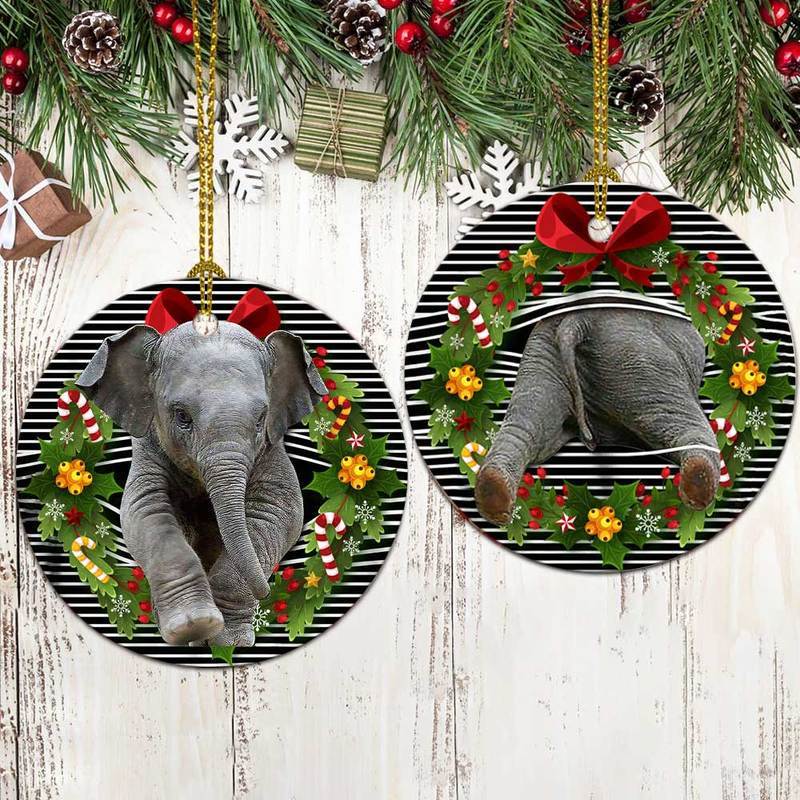 Personalized Cute Elephant Christmas Circle Ornament, Custom Elephant Lovers Two – Sided Circle Ornament