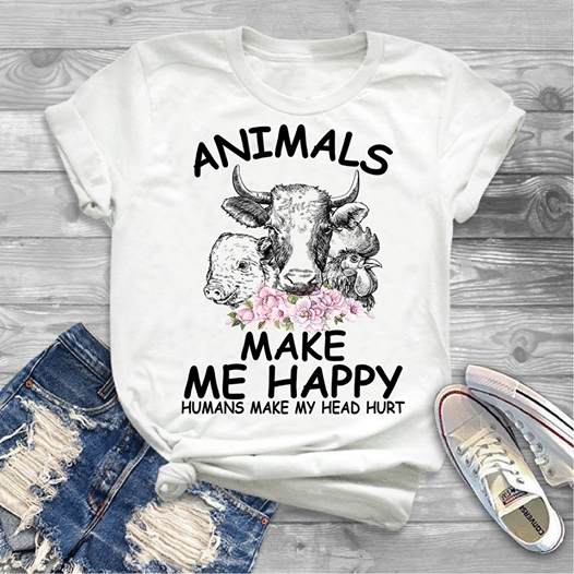 Pig Buffalo Chicken Animals Make Me Happy Humans Make My Head Hurt T Shirt Hoodie Sweater  Size S-5Xl