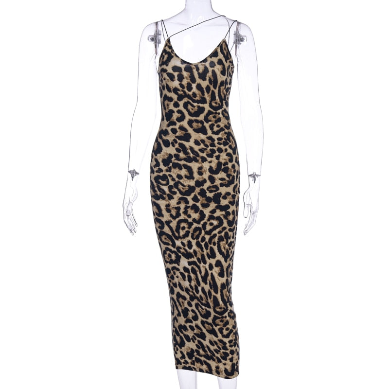 Leopard Print Sleeveless V-Neck Sexy Midi Dress Spring Women Fashion Streetwear Christmas Party Outfits