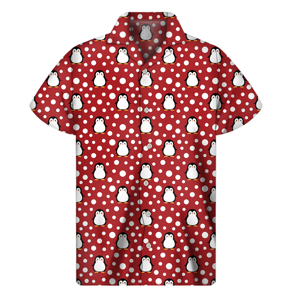 Red Snow Penguin Pattern Print Men’S Short Sleeve Shirt