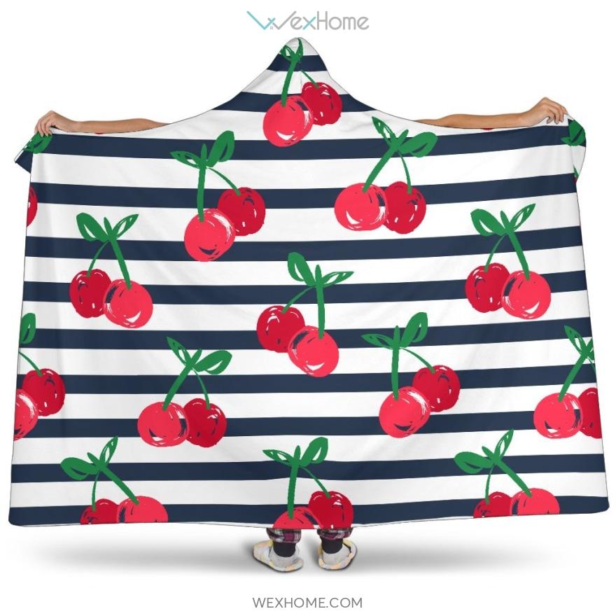 Hand Drawn Cherry Pattern Striped Background Hooded Blanket