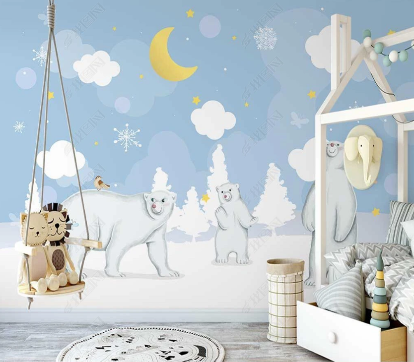 3D Cartoon Blue Sky Cloud Animal Polar Bear Wall Mural Wallpaper Lqh 74