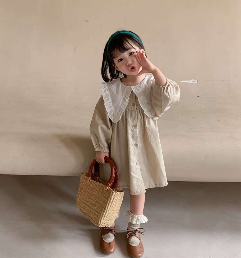 2022 New Spring and Autumn Kids Clothes Girls Dress Cotton Linen Lace Lapel Plaid Dress Kids Dresses for Girls 3 To 8 Years alx