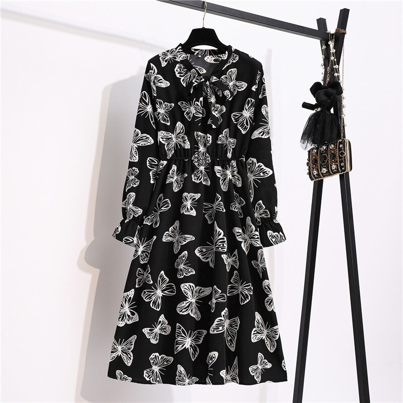 Tonglord Women’s Casual Autumn Dresses Female Vintage Floral Printed Chiffon Long Sleeve Bow Midi Spring Dress 2020 New Vestido alx