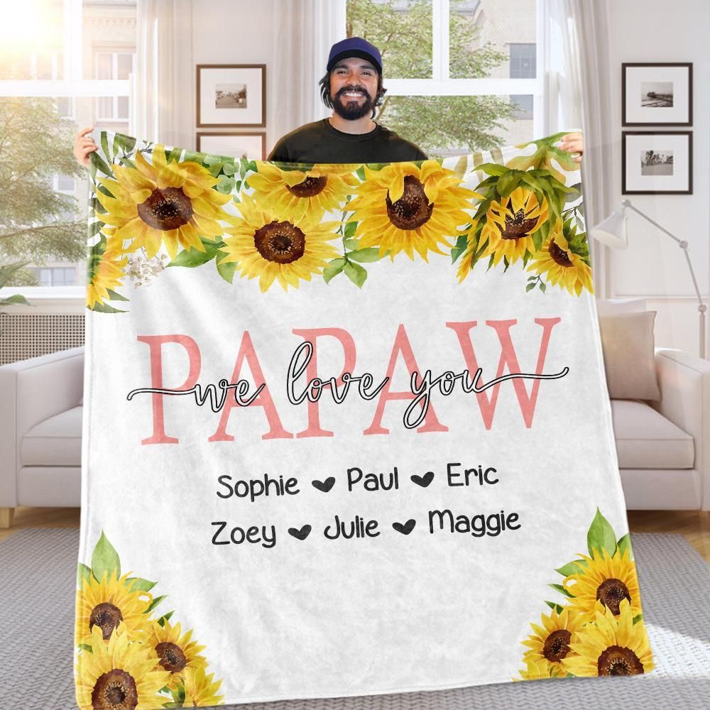 Sunflower Papaw We Love You Name Custom Text Printed Fleece Blanket