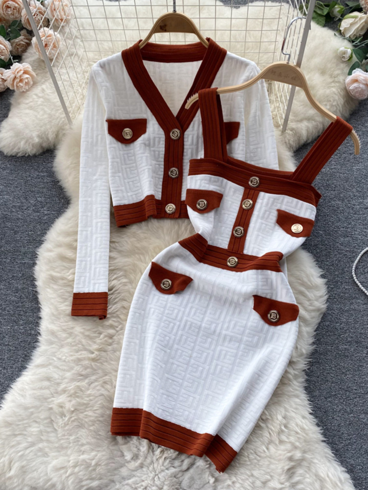 Autumn New Women’s Dresses Knitwear Suits Small Fragrance Knitted Cardigan Coat + Suspender Knit Dress Streetwear Two Piece Sets alx