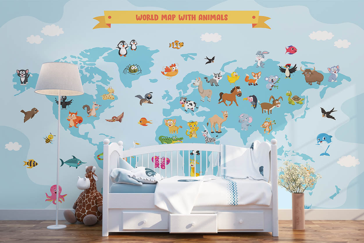 3D Cartoon Animal World Map Wall Mural Wallpaper Sf62