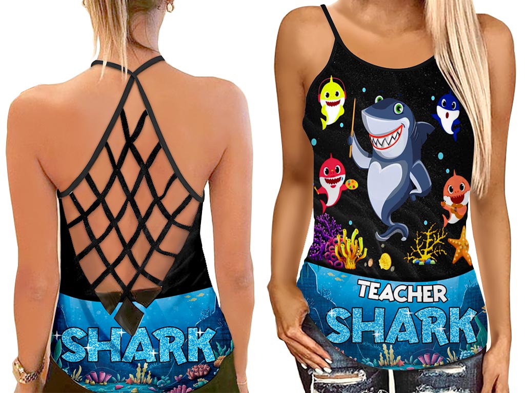 Shark Teacher Tank Top Shirt Women – Preschool Teachers Cross Open Back Camisole Tank