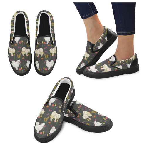 American Eskimo Dog Flower Black Women’s Slip-on Canvas Shoes