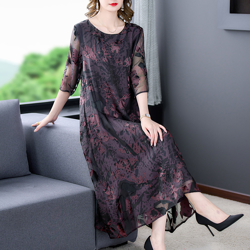 2022 High Quality Floral Mulberry Silk Midi Dress Women Korean Vintage Hepburn Dress Spring Summer Fashion Light Elegant Dresses alx