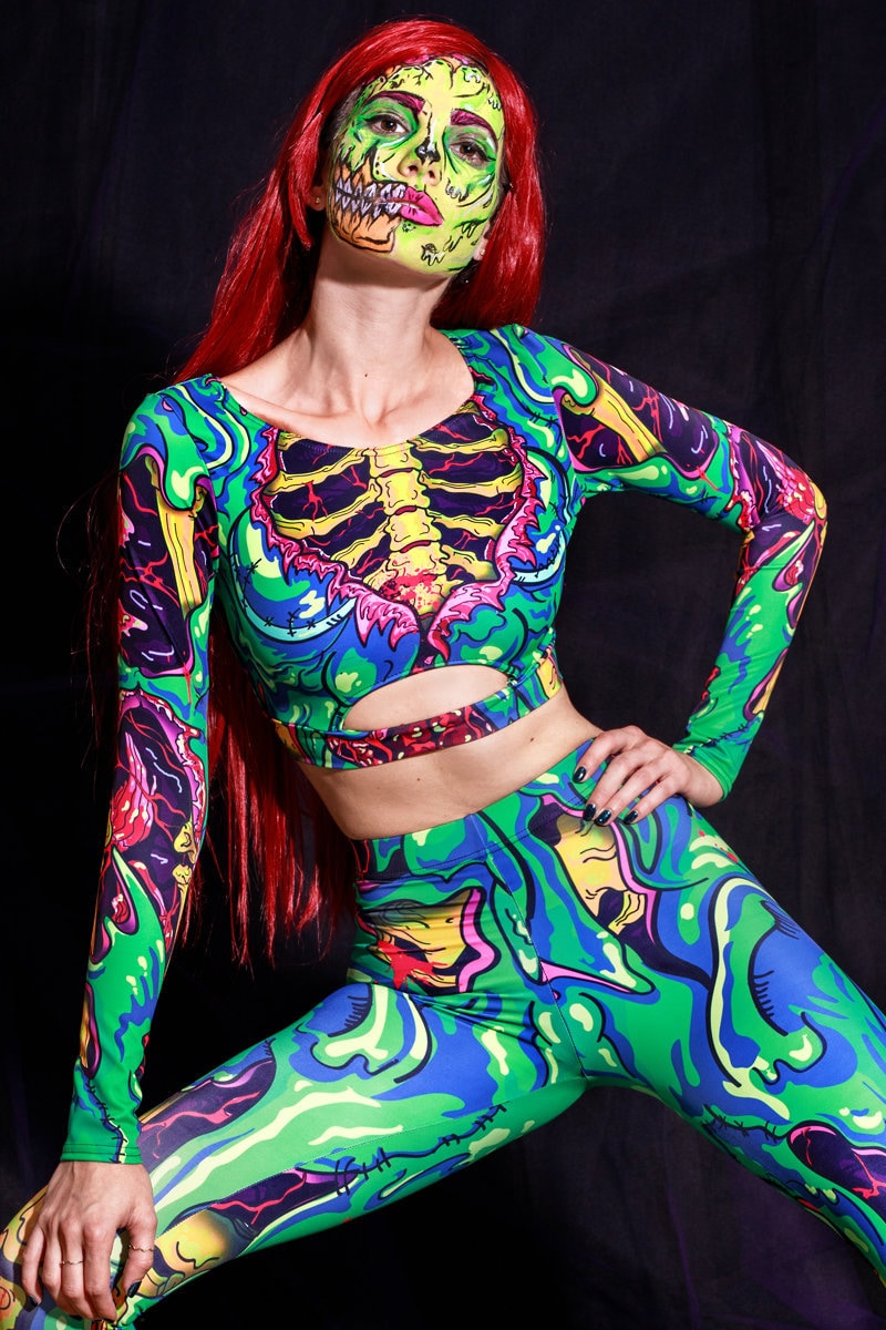 Zombie Crop Top, Long Sleeved Top for Women, Green Skeleton crop top, Adult Halloween costume women, adult Costume, Devil Walking