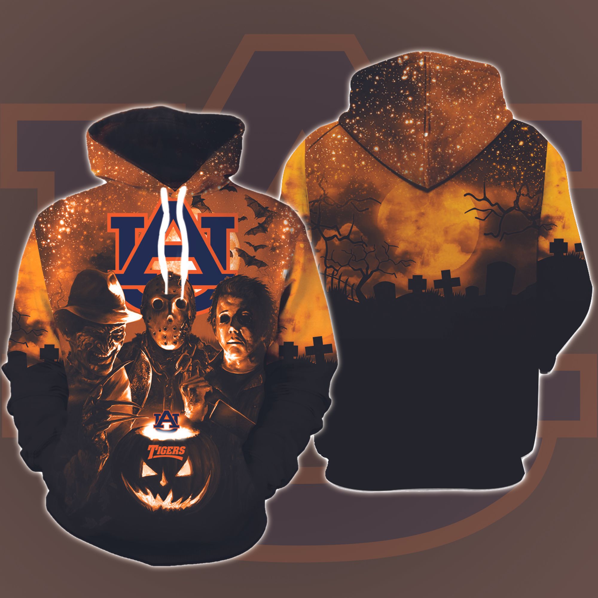 Auburn Tigers Halloween and Michael Myers, Jason Voorhees, Freddy Krueger 3D Printed Hoodie